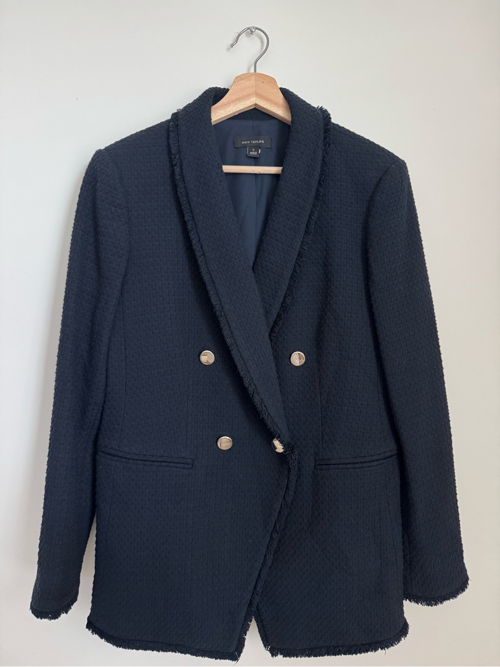 Ann Taylor Navy Bouclé Double-Breasted Blazer with Gold Buttons